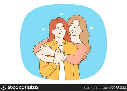 Happy lesbian couple hug cuddle show feelings. Smiling homosexual girls embrace demonstrate love and affection. Gay and LGBT society concept. Flat vector illustration, cartoon character. . Smiling lesbian girls couple hugging showing feelings