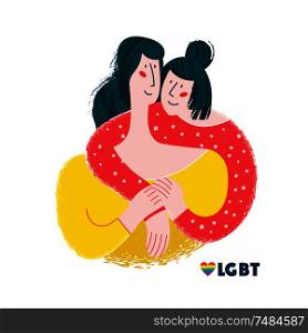 Happy lesbian couple. Vector illustration on white background. LGBT symbol is the rainbow heart.. Happy lesbian couple. Vector illustration on white background.