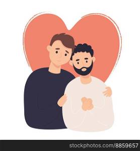 Happy lgbt family. Loving couple of gay men. Vector illustration. Flat cartoon style valentine card with romantic homosexuals