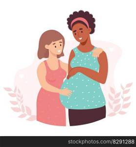 Happy LGBT family. multiracial lesbian family. light-skinned girl with pregnant ethnic black woman. Vector illustration in flat cartoon style. concept of gender relations, surrogate motherhood
