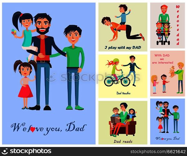 Happy life moments with father vector colorful poster of dad with three kids near six small photos of daddy&rsquo;s care and love. Happy Life Moments with Father Pictures Poster