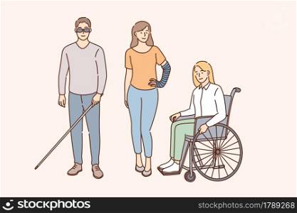 Happy lifestyle of disabled people concept. Young smiling people on wheelchair, blind with special stick and broken arm standing together enjoying life vector illustration . Happy lifestyle of disabled people concept