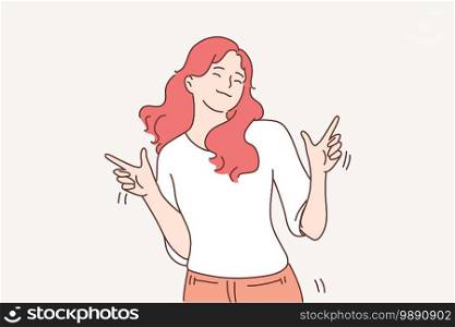 Happy lifestyle, success, dancing concept. Smiling cheerful carefree woman dancing, celebrating victory and success, feeling full of energy and power vector illustration . Happy lifestyle, success, dancing concept