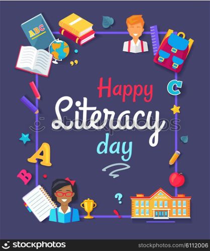 Happy Literacy Day Images Vector Illustration. Happy literacy day, images of school supplies, schoolboy and schoolgirl, fruits and educational building which are used as frame vector illustration