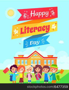 Happy Literacy Day Ribbon Vector Illustration. Happy literacy day written on ribbon with star and bell icons in it, including children with backpack on the foretground vector illustration