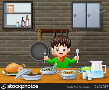 Happy little boy holding spoon and fork eating at the table
