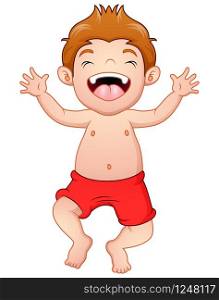 Happy little boy in swimsuit standing