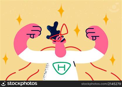 Happy little boy kid show biceps act as superhero. Smiling cute small child feel powerful as hero celebrate win or victory. Dream big. Success and power concept. Vector illustration. . Boy child show muscles act as superhero