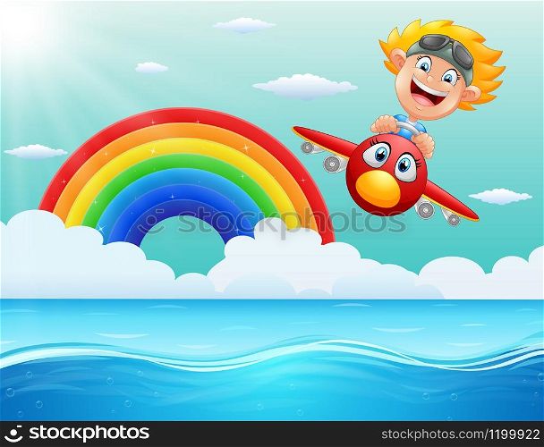 Happy little boy riding a plane above the ocean