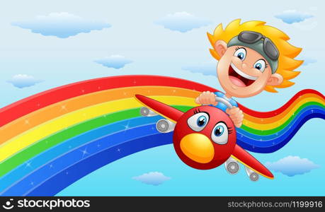 Happy little boy riding a plane in near rainbow