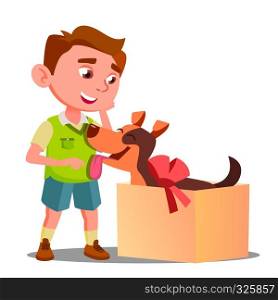Happy Little Boy Takes Out Of Gift Box A Dog Vector. Illustration. Happy Little Boy Takes Out Of Gift Box A Dog Vector. Isolated Illustration