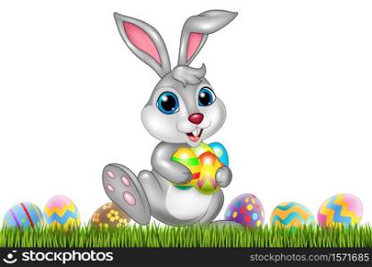 Happy little bunny with colorful easter eggs