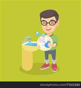 Happy little caucasian boy washing dishes in the sink. Smiling boy doing dishes and having fun with helping his parents with housework. Vector cartoon illustration. Square layout.. Little caucasian boy washing dishes in the sink.