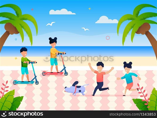 Happy Little Children Play on Beach on Summer Day. Vector Illustration Smiling Boy and Girl Running after Dog. Brother and Sister Ride Scooter on Ocean Coast. Active Summer Holidays for Schoolchildren