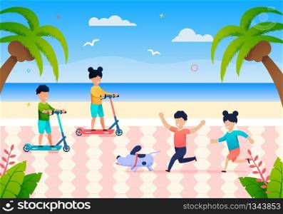 Happy Little Children Play on Beach on Summer Day. Vector Illustration Smiling Boy and Girl Running after Dog. Brother and Sister Ride Scooter on Ocean Coast. Active Summer Holidays for Schoolchildren