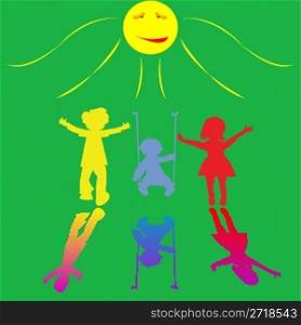 happy little children playing on sunny background, abstract art illustration
