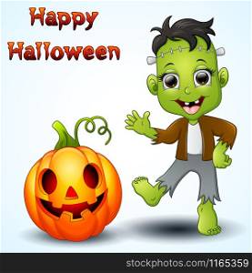 happy little Frankenstein and pumpkin cartoon