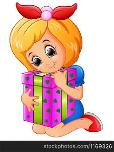Happy little girl cartoon holding birthday gift box