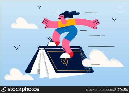 Happy little girl child fly on book enjoy fairytale world. Smiling dreamy small teen kid enjoy literature reading, open new horizons. Booklover, library and bookstore concept. Vector illustration. . Happy small girl fly on book in sky