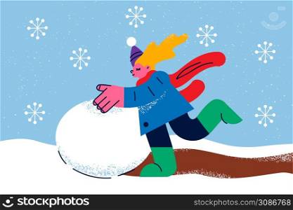 Happy little girl child in outerwear have fun make snowman walking alone on street. Smiling small kid enjoy winter holidays outdoors making snowballs. Vacation and childhood. Vector illustration. . Happy girl make snowman relaxing outdoors