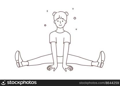 Happy little girl child sit in leg-split. Smiling kid so gymnastics follow healthy sportive lifestyle. Children and physical activity. Vector illustration. . Smiling girl sit in leg-split