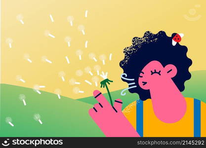 Happy little girl have fun rest outdoors blow dandelion. Smiling small cute kid child relax outside on green fields, show love and care to nature. Environment lover. Flat vector illustration. . Little girl blow dandelion on field outdoors