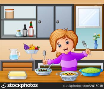 Happy little girl holding spoon and fork eating at the table
