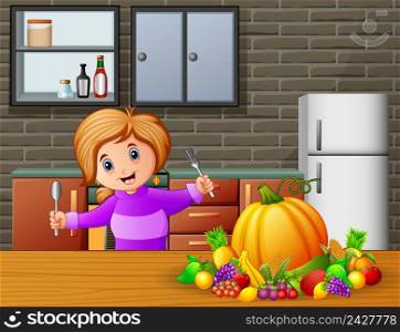 Happy little girl holding spoon and fork eating at the table