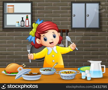 Happy little girl holding spoon and fork eating at the table