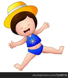 Happy little girl in blue swimsuit jump
