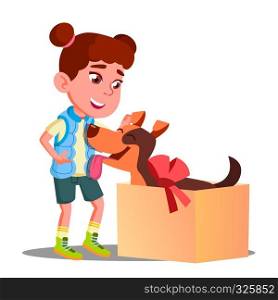 Happy Little Girl Takes Out Of Gift Box A Dog Vector. Illustration. Happy Little Girl Takes Out Of Gift Box A Dog Vector. Isolated Illustration
