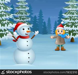 Happy little girl waving and laughing with a snowman in winter