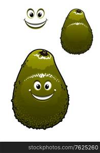 Happy little green cartoon avocado fruit with a beaming smile and dimples, isolated on white. Happy little green cartoon avocado pear
