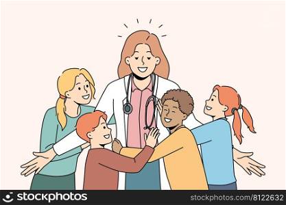Happy little kids hugging smiling female doctor in clinic. Excited small children embrace pediatrician show love and care. Good medical service in hospital. Vector illustration. . Smiling children hugging female pediatrician 