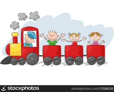 Happy little kids on a colorful train