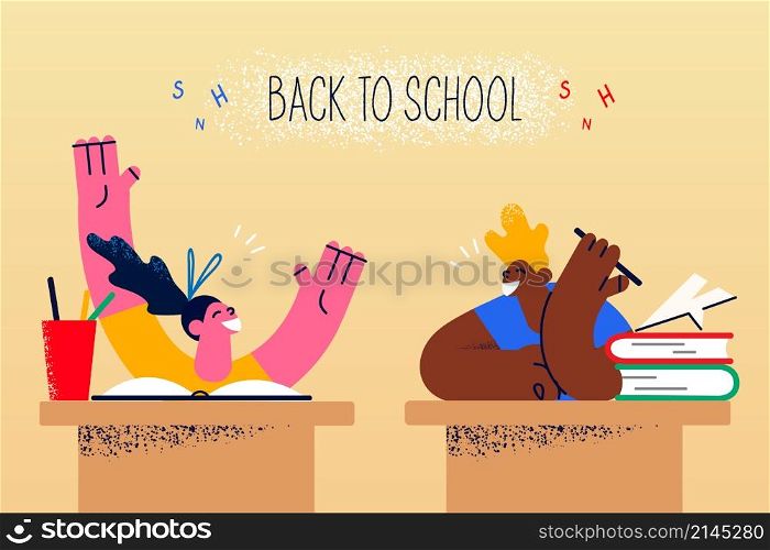 Happy little kids sit at desks feel excited get back to school. Smiling small teen children feel joyful in classroom. Offline lessons and classes. Lockdown over. Education. Vector illustration. . Happy children at desk back to school