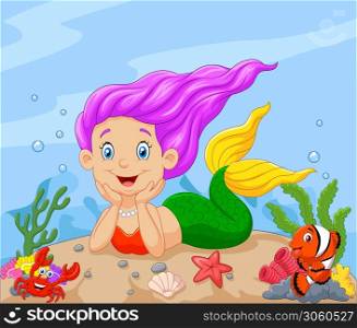 Happy little mermaid swimming in the underwater background