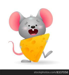 Happy little mouse eating cheese. Symbol of year, cartoon animal, food. New Year concept. Realistic vector illustration can be used for greeting cards, Christmas banner and poster design