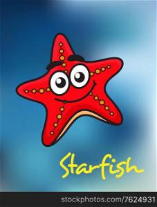 Happy little red cartoon starfish with a wide friendly smile on a underwater blue background