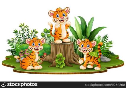 Happy little tigers with green plants