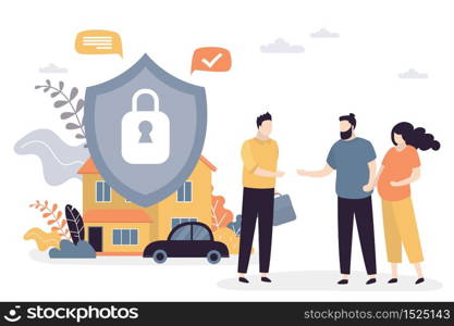 Happy love couple and salesman. Property,car and Insurance protection shield. Assurance plan, contract of full insurance coverage concept background. Beauty pregnant woman and husband. Vector