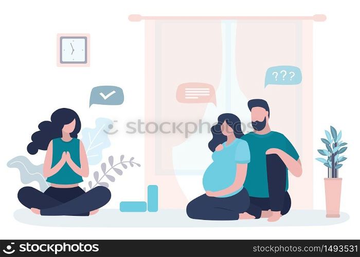 Happy love couple, female instructor sitting in lotus yoga pose. Beauty pregnant woman and handsome man in living room. Health care, athletic family in home interior. Yoga lesson with woman teacher. Vector