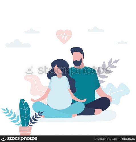 Happy love couple sitting in lotus yoga pose. Beauty pregnant woman and handsome man doing asana. Health care and athletic family. Trendy vector illustration