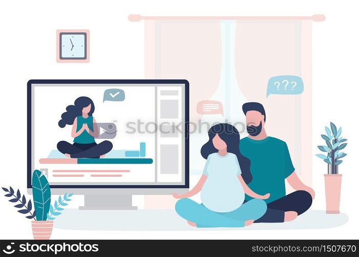 Happy love couple sitting in lotus yoga pose. Beauty pregnant woman and handsome man doing asana. Health care, athletic family in living room.Online yoga lesson,woman blogger on monitor screen. Trendy vector
