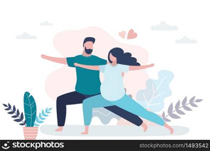 Happy love couple standing in yoga pose. Beauty pregnant woman and handsome man doing asana. Health care and athletic family. Course or yoga lesson, paired sports. Trendy vector illustration