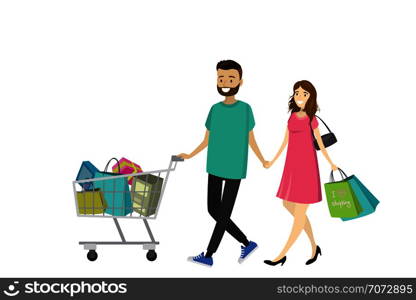 Happy love couple with shopping bags. Big discount in store. Flat design ,cartoon vector illustration. Happy love couple with shopping bags