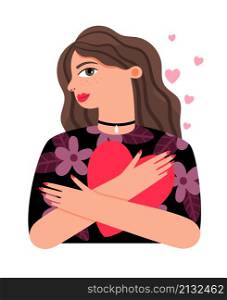 Happy love girl isolated. Self loves and care woman, positive lady hug heart vector illustration, smiling long hair healthy maiden with flowers. Happy love girl isolated