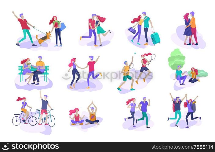 Happy Lover Relationship, scenes with romantic couple kissing, hugging, riding bicycle, walking, playing tennis, guitar, doing yoga, dansing. Characters Valentine day Set. Colorful vector illustration. Happy Lover Relationship, scenes with romantic couple kissing, hugging, riding bicycle, walking, playing tennis, guitar, doing yoga, dansing. Characters Valentine day Set. Colorful vector