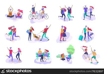 Happy Lover Relationship, scenes with romantic couple kissing, hugging, riding bicycle, walking, playing tennis, guitar, doing yoga, dansing. Characters Valentine day Set. Colorful vector illustration. Happy Lover Relationship, scenes with romantic couple kissing, hugging, riding bicycle, walking, playing tennis, guitar, doing yoga, dansing. Characters Valentine day Set. Colorful vector