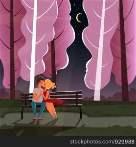 Happy lovers background. Funny dating couple sitting romantic environment st valentine holiday celebration vector cartoon illustration. Romantic love date, woman and man dating. Happy lovers background. Funny dating couple sitting romantic environment st valentine holiday celebration vector cartoon illustration